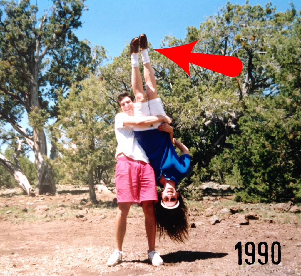 Camping with my then-boyfriend, now-husband and striking the ever popular "hold girlfriend upside down" pose.